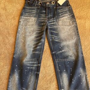 New Flamingals Blue Relaxed Button Fly Belted Jeans with Paint Splatter Sz XL